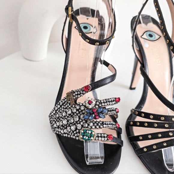 Gucci Wangy Crystal hand strappy high heel leather sandals size 37 - Picture 3 of 16